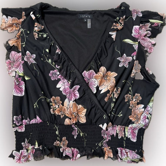 1. State Black Ruffled Floral Top NWOT